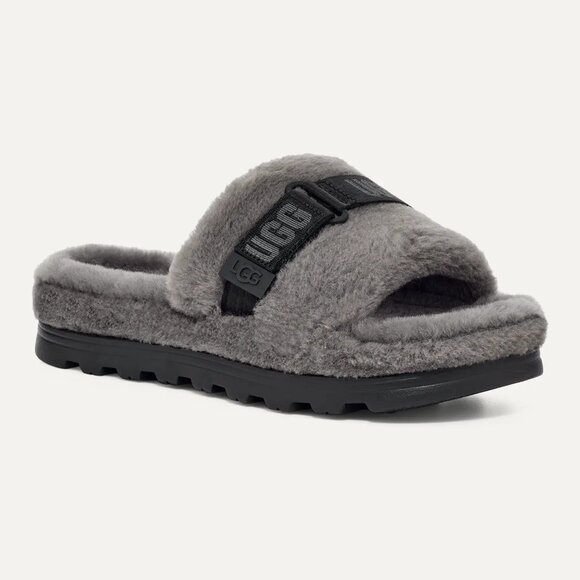 NEW UGG Men Fluff Up Charcoal Slip On Sheepskin Fur Slide Slippers